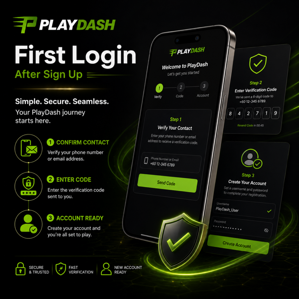 PlayDash first login process showing account confirmation and verification after completing sign up.