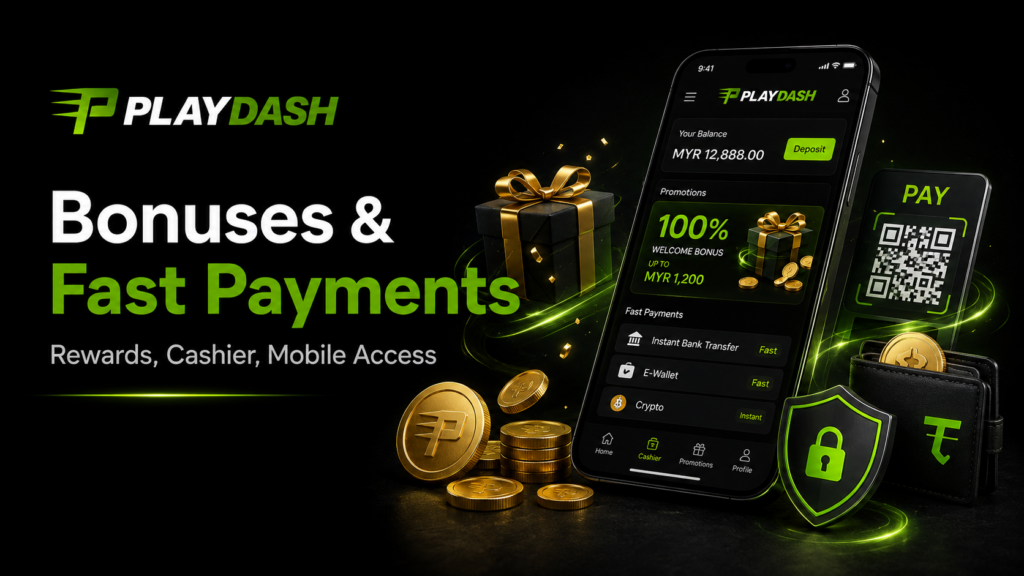 PlayDash mobile interface with bonuses, cashier access and payment features available directly from a smartphone.