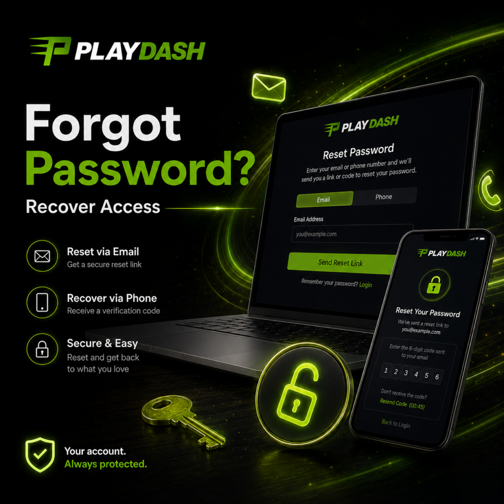 PlayDash password recovery interface with email and phone options for restoring account access.