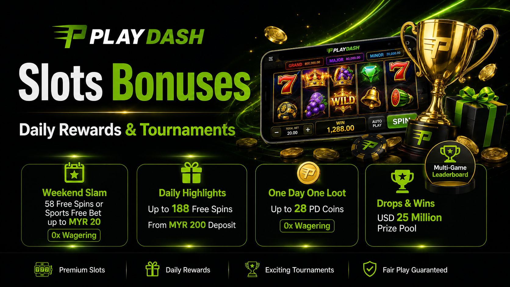 PlayDash slot promotions featuring daily rewards, free spins, tournaments and recurring bonus campaigns.