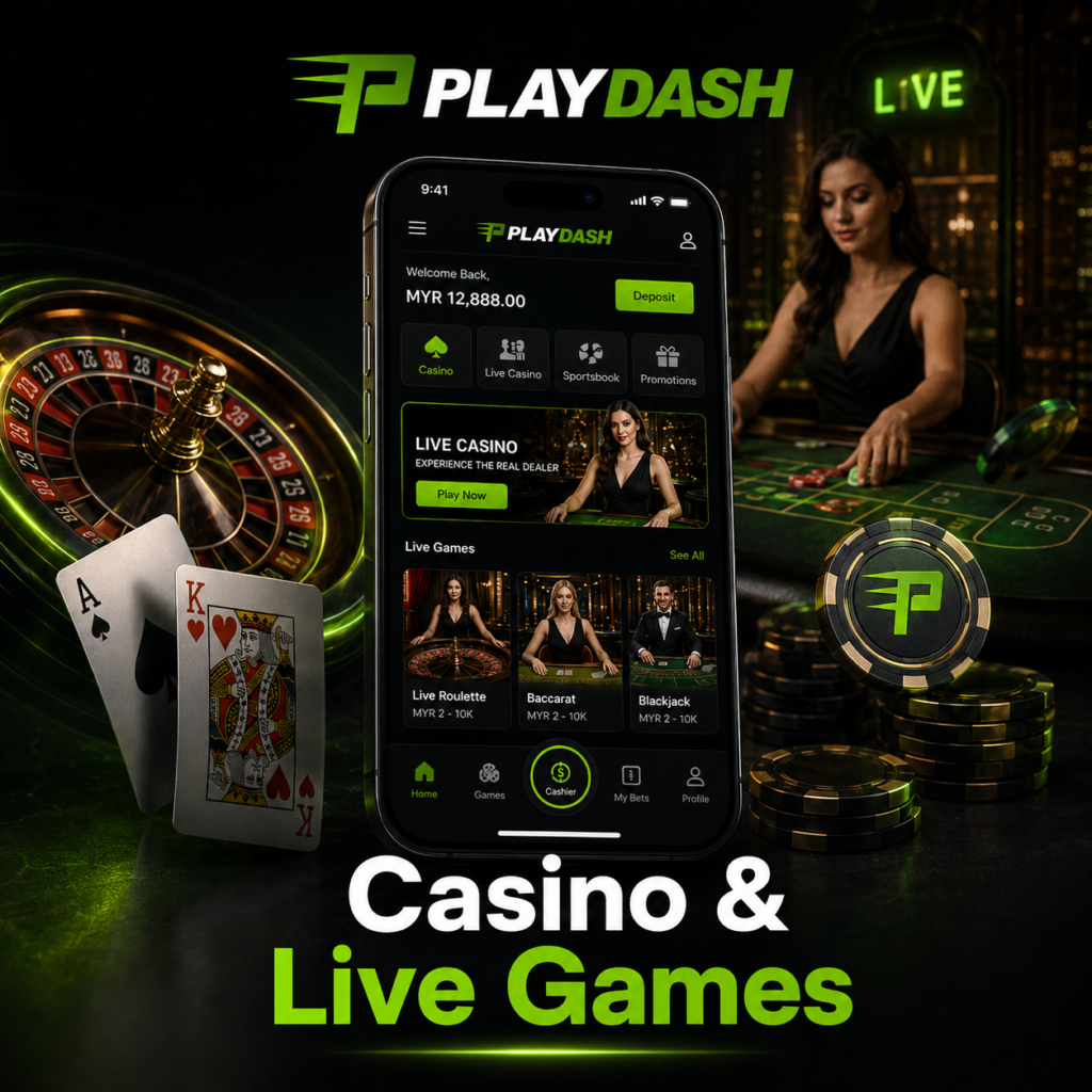 PlayDash mobile casino interface featuring live dealer games, roulette, cards and casino tables on a smartphone.