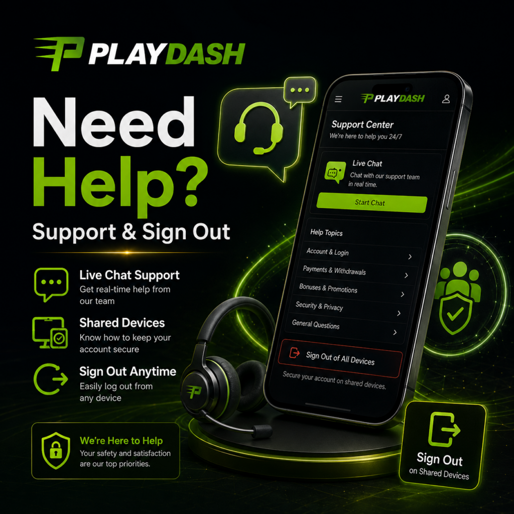 PlayDash support interface with live chat assistance and secure sign-out options for shared devices.