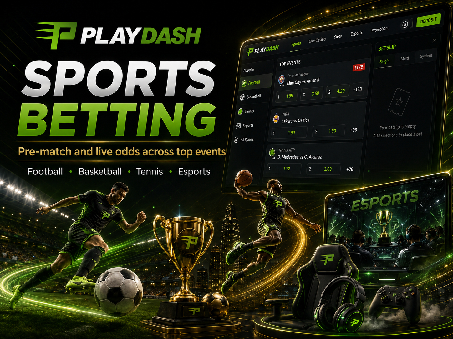 PlayDash sports betting platform with football, basketball, tennis and esports markets